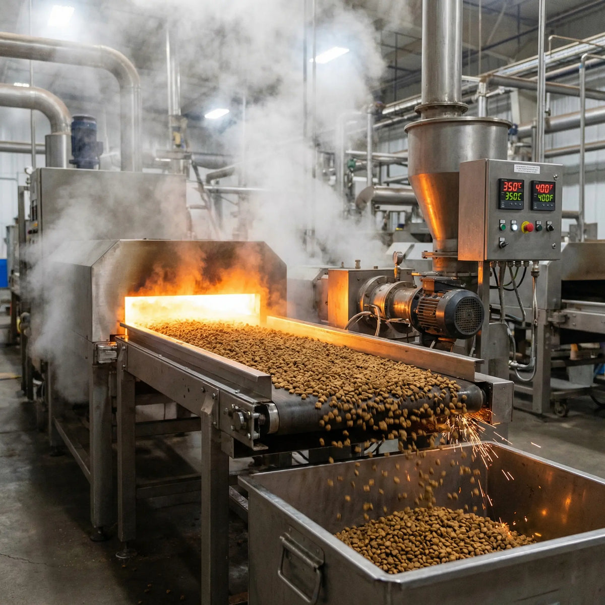 Crocchette che escono da un forno industriale