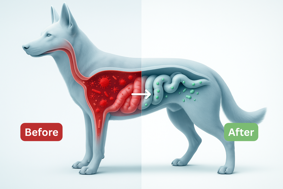 Illustrazione dell’intestino di un cane prima e dopo