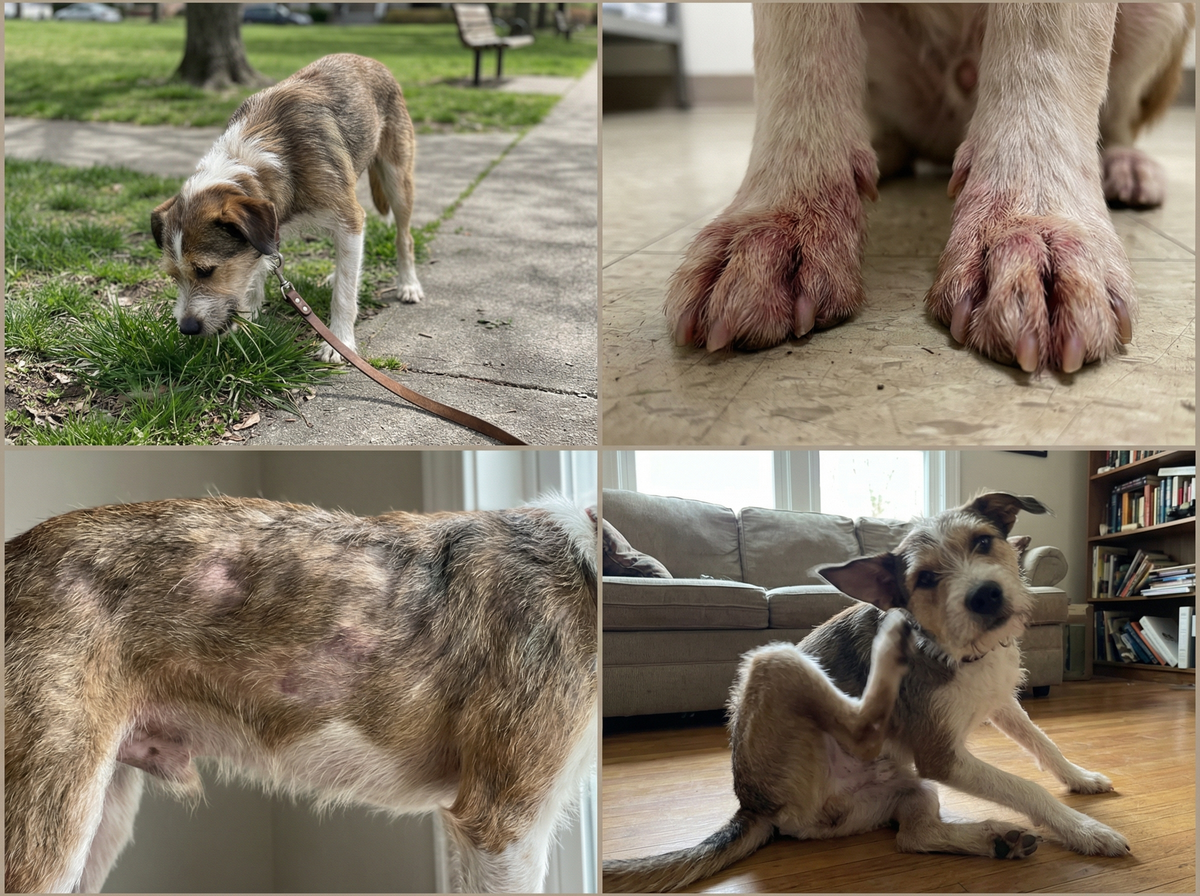 Un cane che mangia l’erba, zampe arrossate, pelo opaco, un cane che si gratta