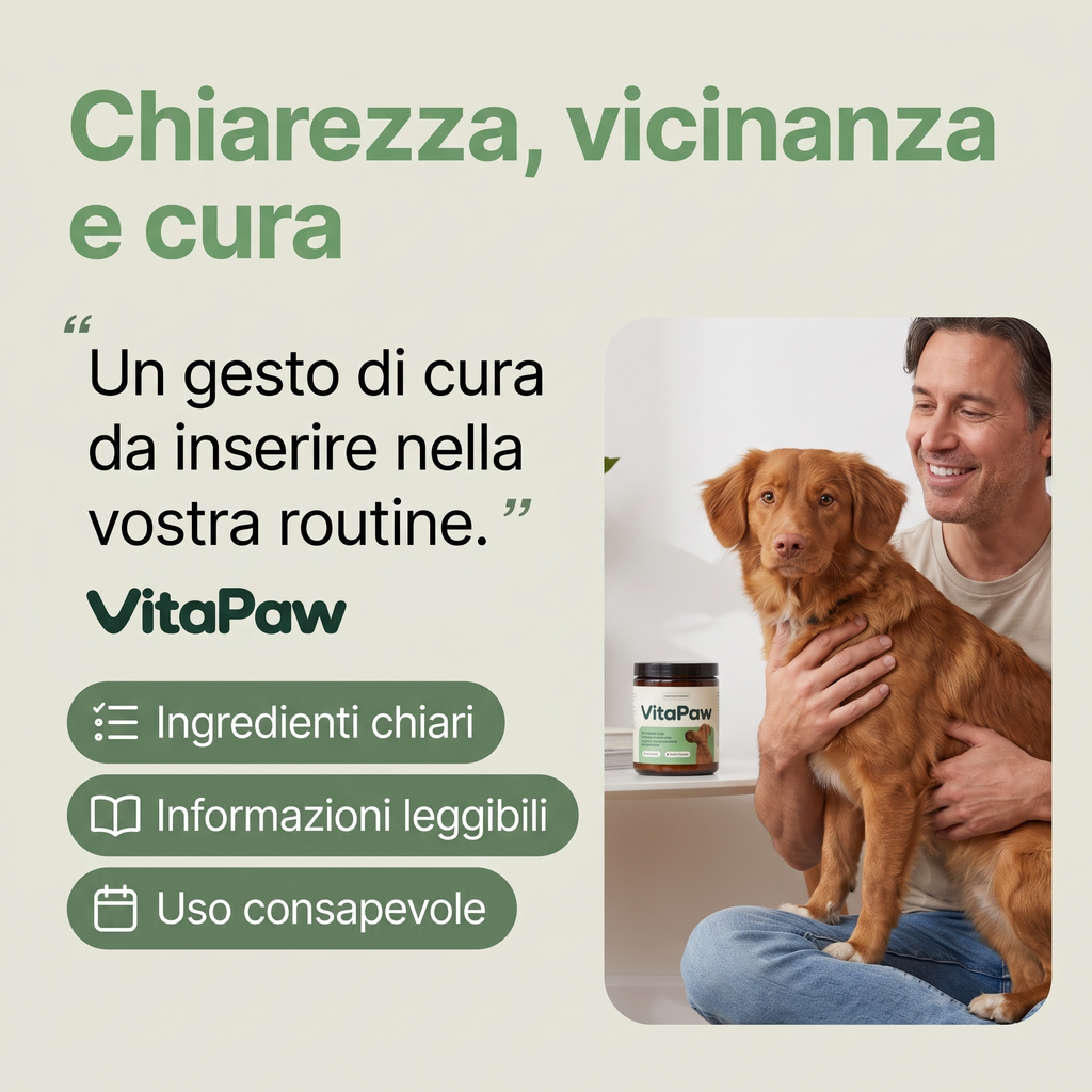 Un proprietario abbraccia il suo cane accanto al barattolo VitaPaw